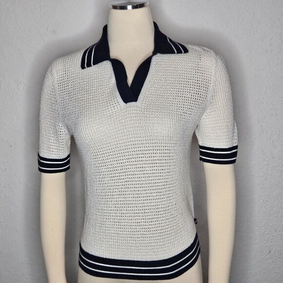 Nautica Jeans Tennis Core Preppy Knit Polo Mesh Sweater White Navy Cotton S - Picture 1 of 8